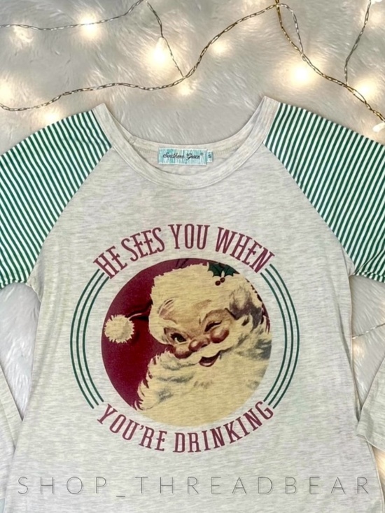 Southern Grace Tops - EUC [Southern Grace] Green Striped Funny Santa Holiday Christmas Tee | Small